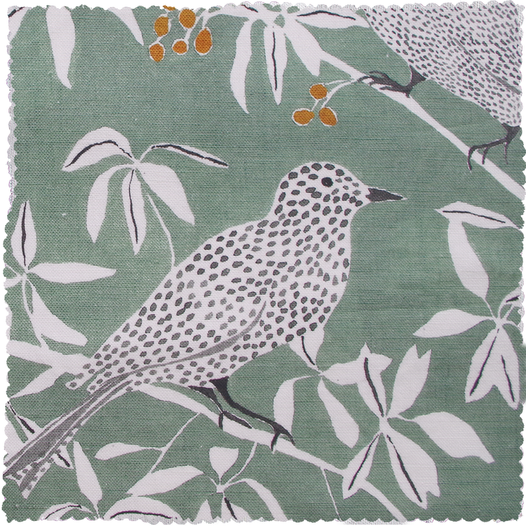 Lowri-textiles-Bower-Birds-Linen-sage-green-printed-textile-fabric-linen-organic-bird-twig-leaves-pattern-British-sage-white-black-orange-berries-pattern-illustration-Jo-Faulkner