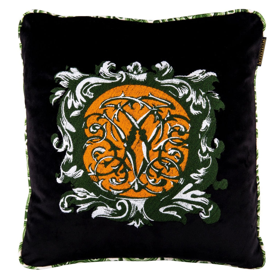 mind the gap embroidered linen and velvet cushion oramental heraldry 