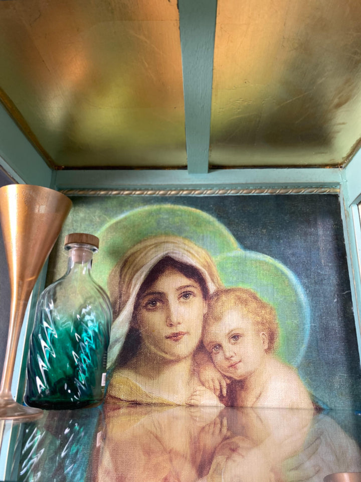 lady-griddlebone-scottish-cabinet-maker-vintage-restored-glass-drinks-cabinet-madonna-and-child-decoupage-blue-gold-finish-check-floor-small-compact