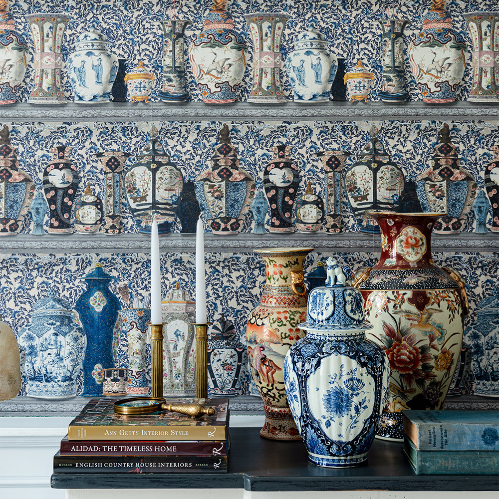 mind-the-gap-ceramic-wonders-vases-pots-jars-on-shelf-blue-chinisorie-oriental-wallpaper-ceramic-wonders-wallpaper-the-artists-house-collection-ancient-potters-objects-maximalist-statement-interior