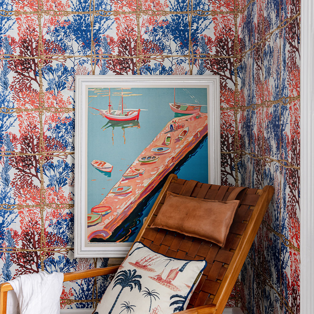 mind-the-gap-Corallia-white-blue-orange-red-rope-coral-wallpaper-sundance-villa-collection-textured-layered-anemones-ropes-holiday-home-greece-seaside-maximalist-statement-interior