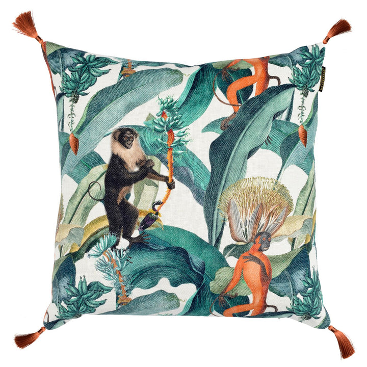 mind the gap linen cushion bermuda with tassels and monkey
