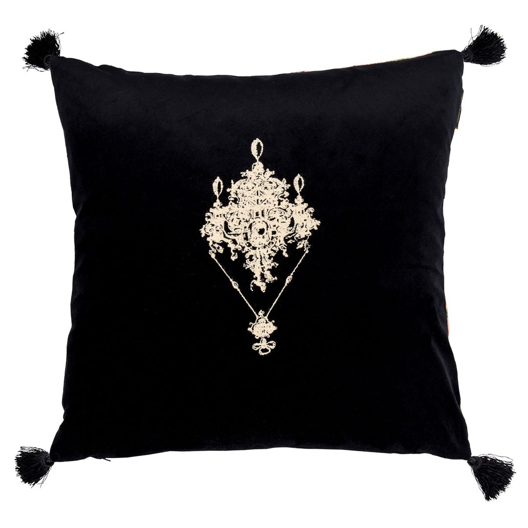 MIND THE GAP EMBROIDERED CUSHION GEMME EMBROIDERY WITH ROYAL GARDEN REVERSE SIDE FABRIC IN PINK and tassels black and pink