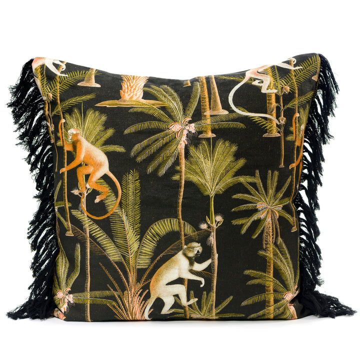 mind the gap anthracite linen fabric barbados monkeys and palm trees