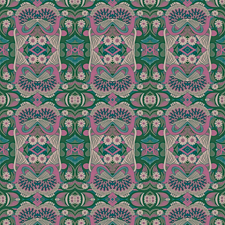Tatie-Lou-wallpaper- Esprit-Boho-Art-Deco-pattern-repeat-kaleidoscopic-jewel-tones-origami-magenta