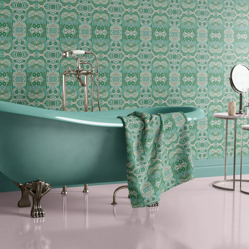 Tatie-Lou-wallpaper- Esprit-Boho-Art-Deco-pattern-repeat-kaleidoscopic-jewel-tones-origami-Sea-Green-
