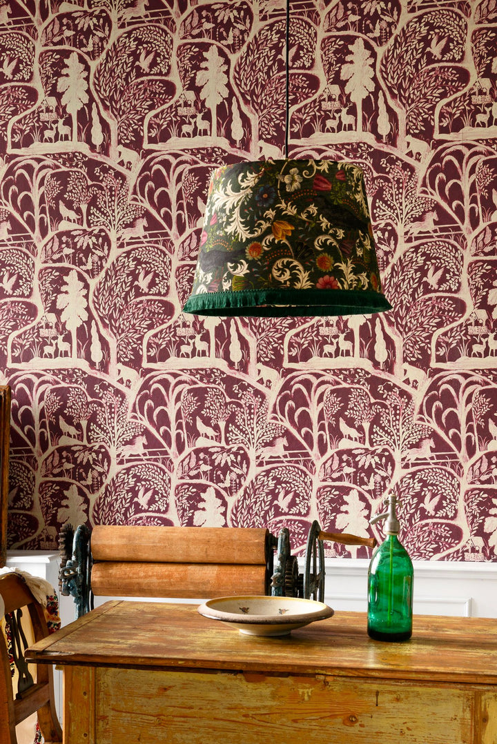 pendant-light-green-floral-fringe-red-woodland-wallpaper-wooden-dining-table