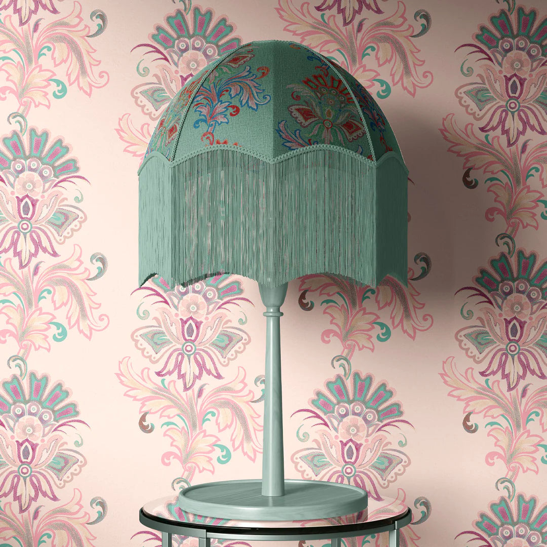 Tatie-Lou-Fleur-Pattern-velvet-fringed-parachute-shade-lamp-shade-table-lamp-shade-retro-vintage-glamour-sage-green-trim