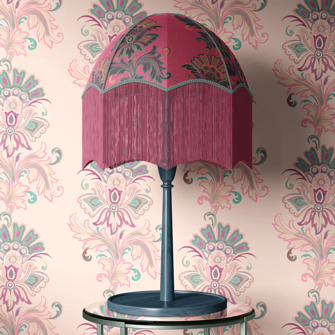 Tate-lou-Fleur-lampshade-velvet-printed-fringed-edge-tassel-parachute-lamp-shade-table-lamp-fuschia 