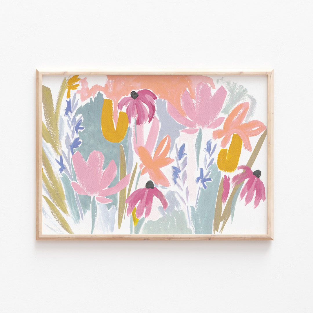 Candice-gray-textile-designer-abstract-brushstroke-flower-meadow-floral-print-a3-pink-yellow-green-orange-coral