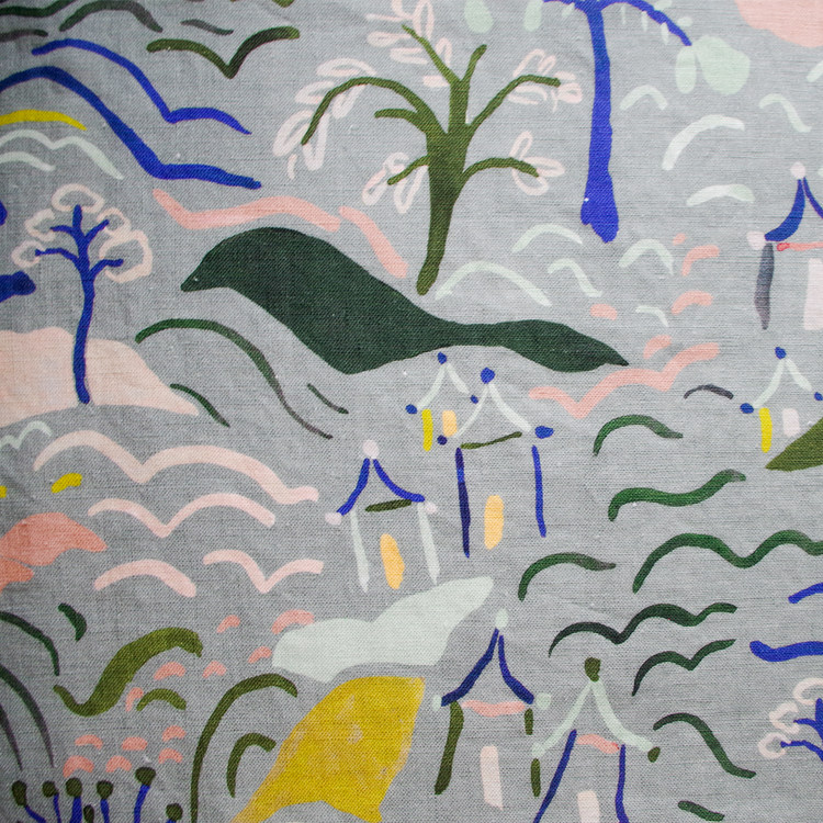 Lowre-textiles-forest-and-hills-linen-printed-illustrated-print-fabric-trees-houses-countryside-rolling-blue-grey-artisan-jo-faulkner