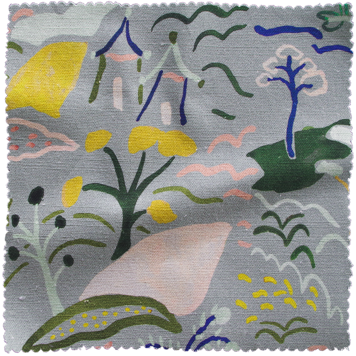 Lowre-textiles-forest-and-hills-linen-printed-illustrated-print-fabric-trees-houses-countryside-rolling-blue-grey-artisan-jo-faulkner