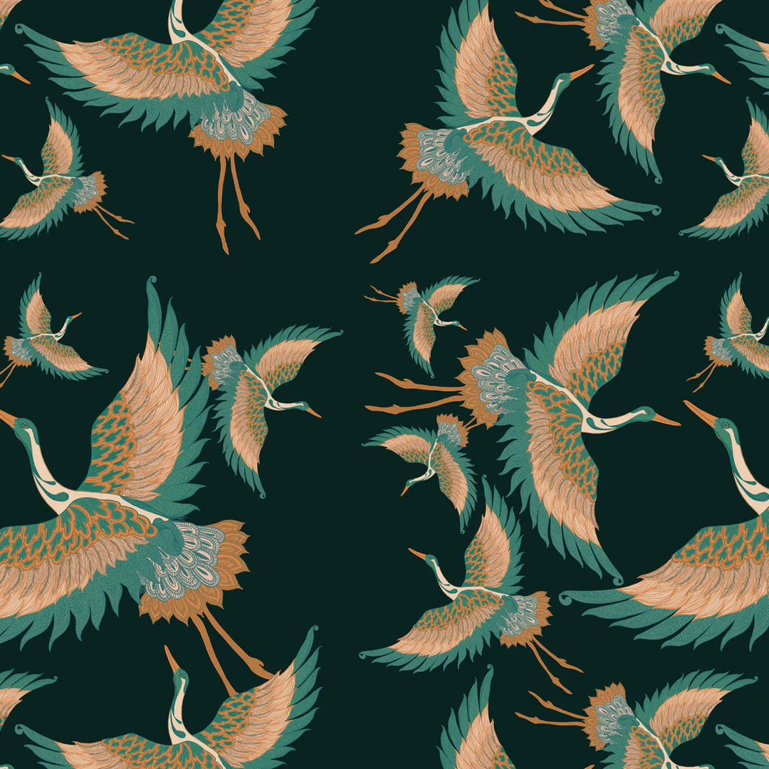 Tatie-lou-wallpaper-pachamama-heron-cranes-flying-birds-kimono-art-deco-uk-designer-wallcovering-forrest-green