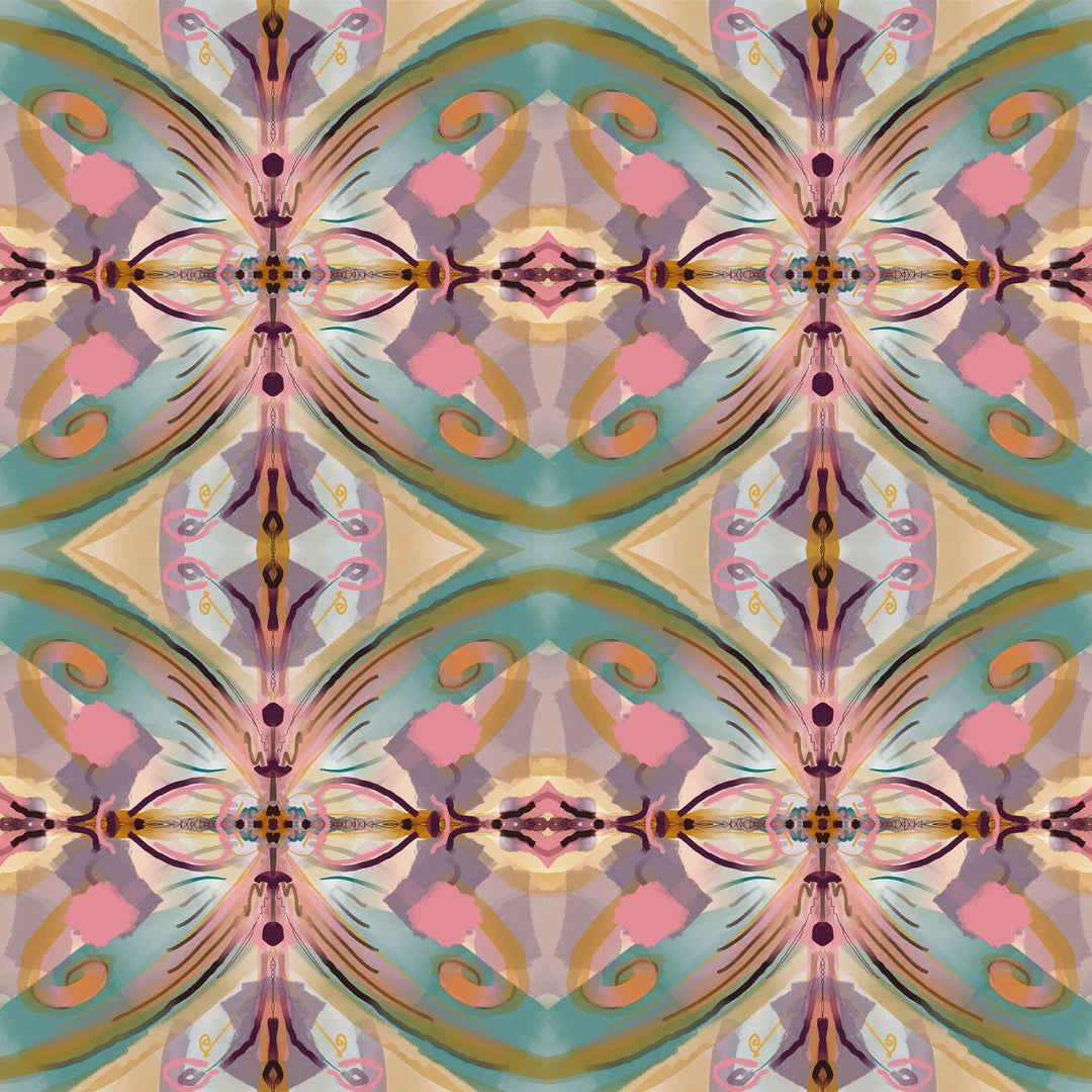 Tatie-lou-wallpaper-franny-kaleidoscopic-repeat-tile-pattern-wallpaper-spice-tones-yellow-pink-saffron-berry-green-Portugal-tile-look