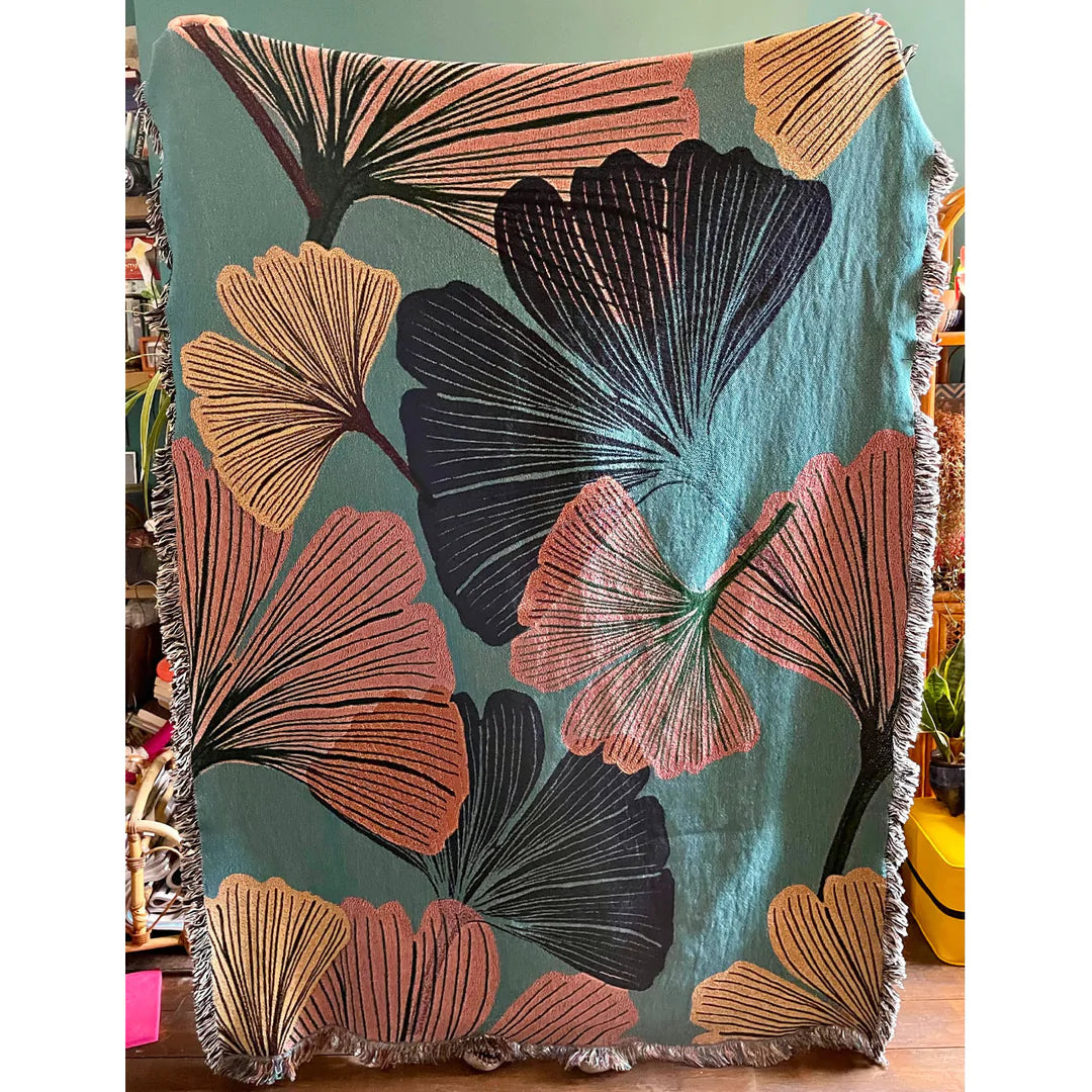 Tatie-Lou-Jacquard-blanket-throw-floral-leaf-pattern-bluepink-black-reverse-woven-blanket-hanging-boho-biba-art-deco-blanket-frayed-edge-art