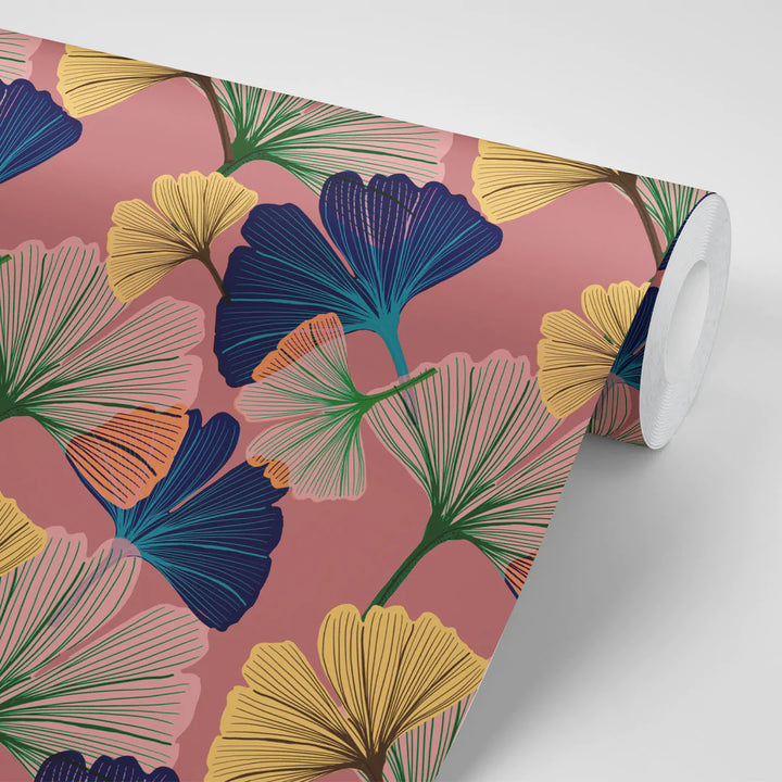 Tatie-lou-ginko wallpaper-hand-drawn-leaf-digital-colourful-printed-repeat-UK-british-designer-wallpaper-Rosy-soft-pink