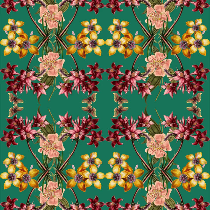 tatie-lou-wallpaper-Emerald-green-ruby-pink-colourway-large-scale-kaleiscopic-repaet-floral-orchid-lilys-bloom-square-tile-repeat-pattern-exotic