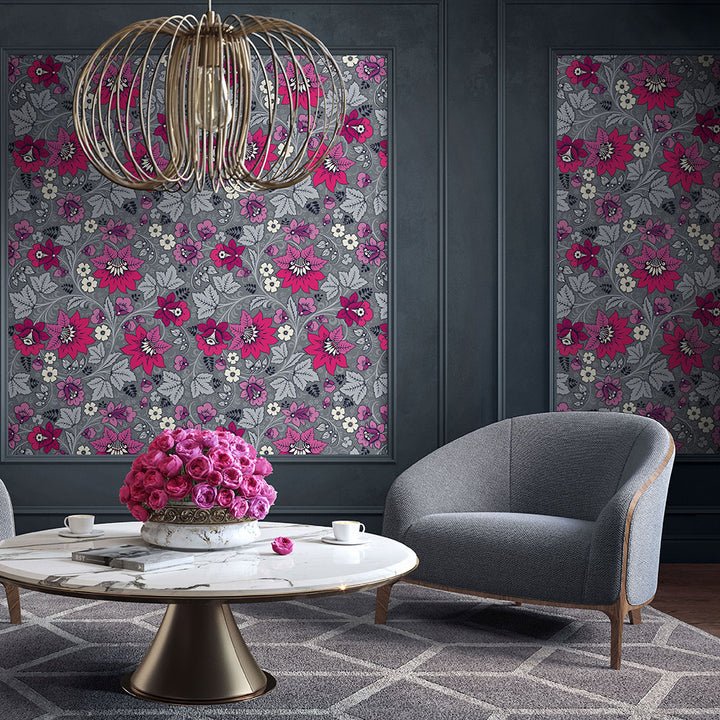 Olenka-Milana-wallpaper-floral-hot pink-grey-large-floral-pattern-trailing-flowers-vines-leaves-retro-russian-inspired-patterns