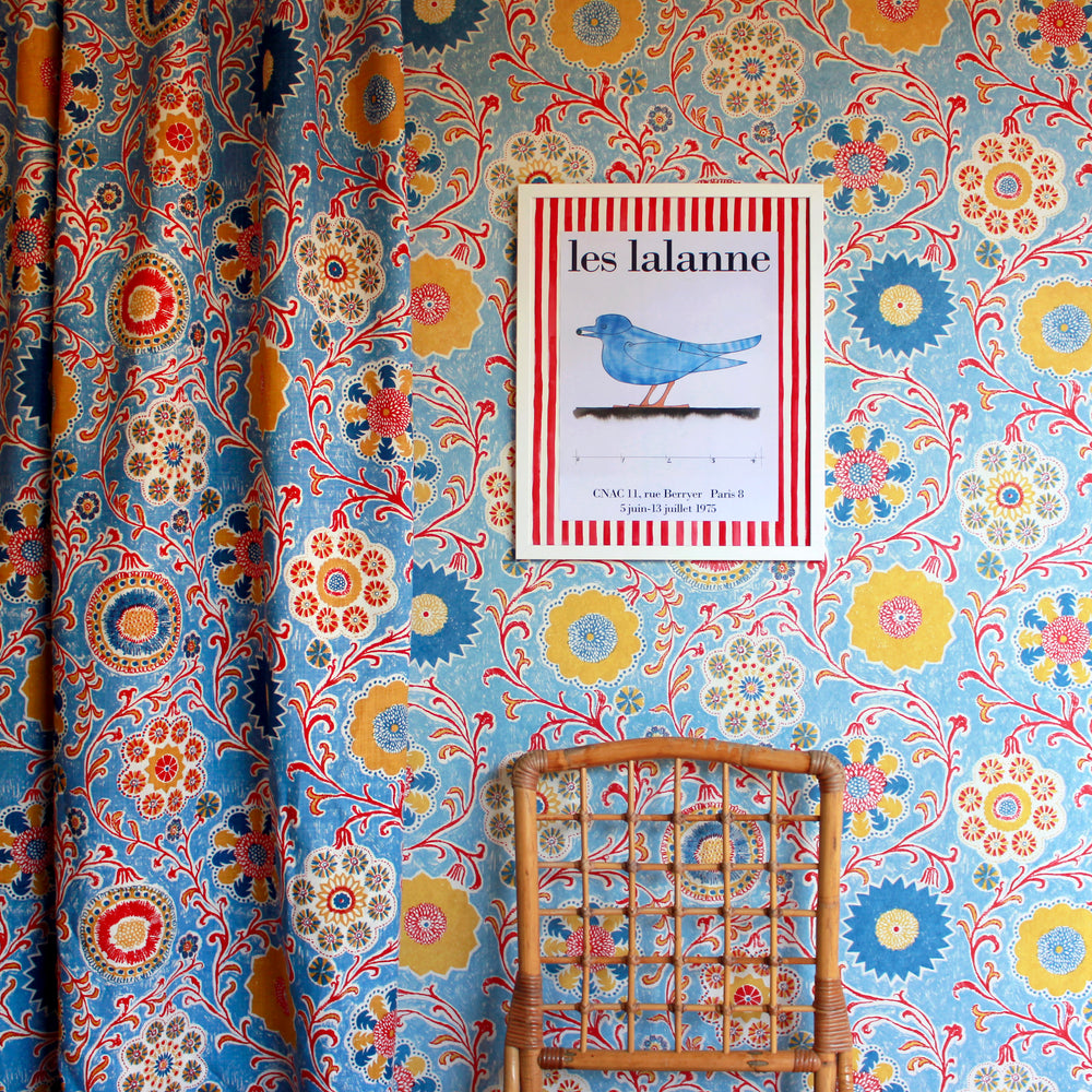 Ellen-Merchant-wallpaper-jamboree-nomad-pattern-handprinted-artisan-blue-yellow-floral-print-UK-Made-British-Designer 