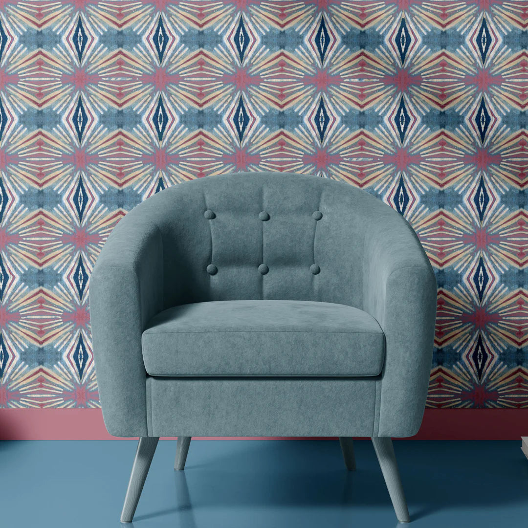 Tatie-Lou-Itajime-Diamond-ikat-pattern-tile-repeat-wallpaper-boho-style-rouge-pink-white-blue-pattern