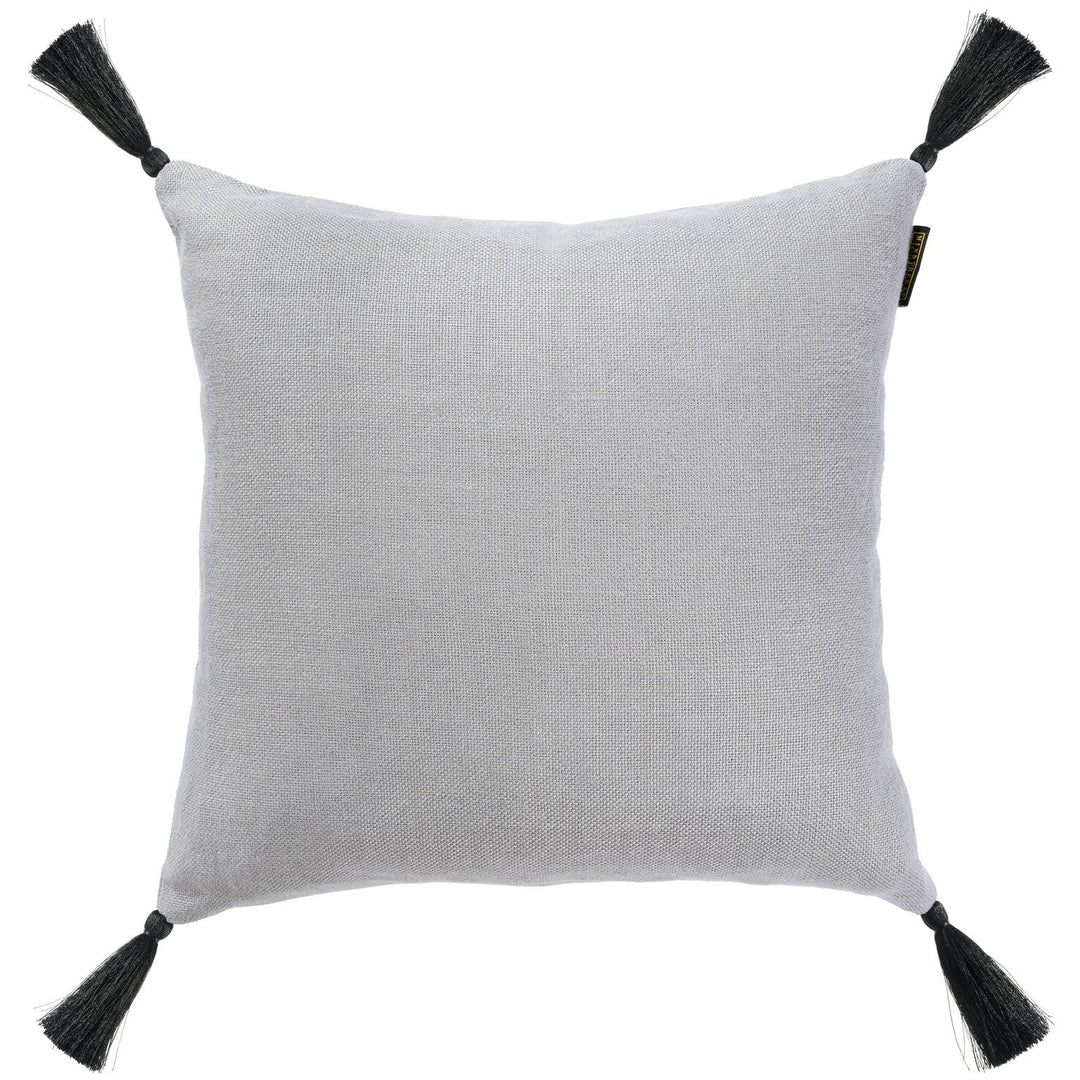 mind the gap linen cushion frost grey with black tassels