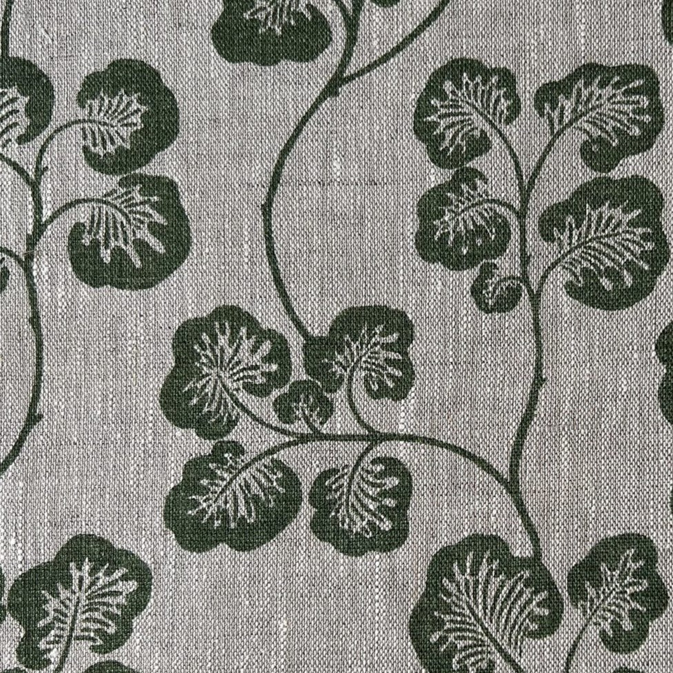 josephine-munsey-fabrics-textile-linen-printed-cabbage-check-trailing-leaf-pattern-green-neutral-background-cottage-farmhouse-pattern-printed-upholstry-madi-England  