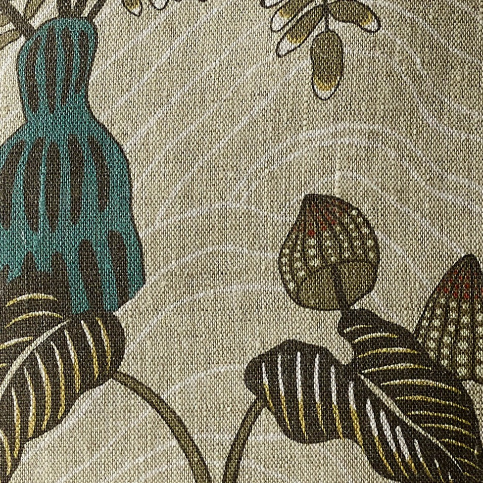 josephine-munsey-woodland-floor-fabric-stone-and-teal-organic-100%linen-textile-cutlength-fabrics-woods-ferns-plants-beige-backgrounds-greens-red-England