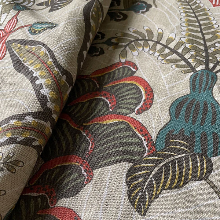 josephine-munsey-woodland-floor-fabric-stone-and-teal-organic-100%linen-textile-cutlength-fabrics-woods-ferns-plants-beige-backgrounds-greens-red-England