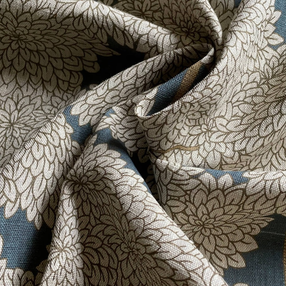 josephine-munsey-stockend-woods-100%Linen-Blinds-Curtains-General-Domestic-Upholstery-Soft Furnishing-textile-blue-ochre-pattern-blossom-fabric