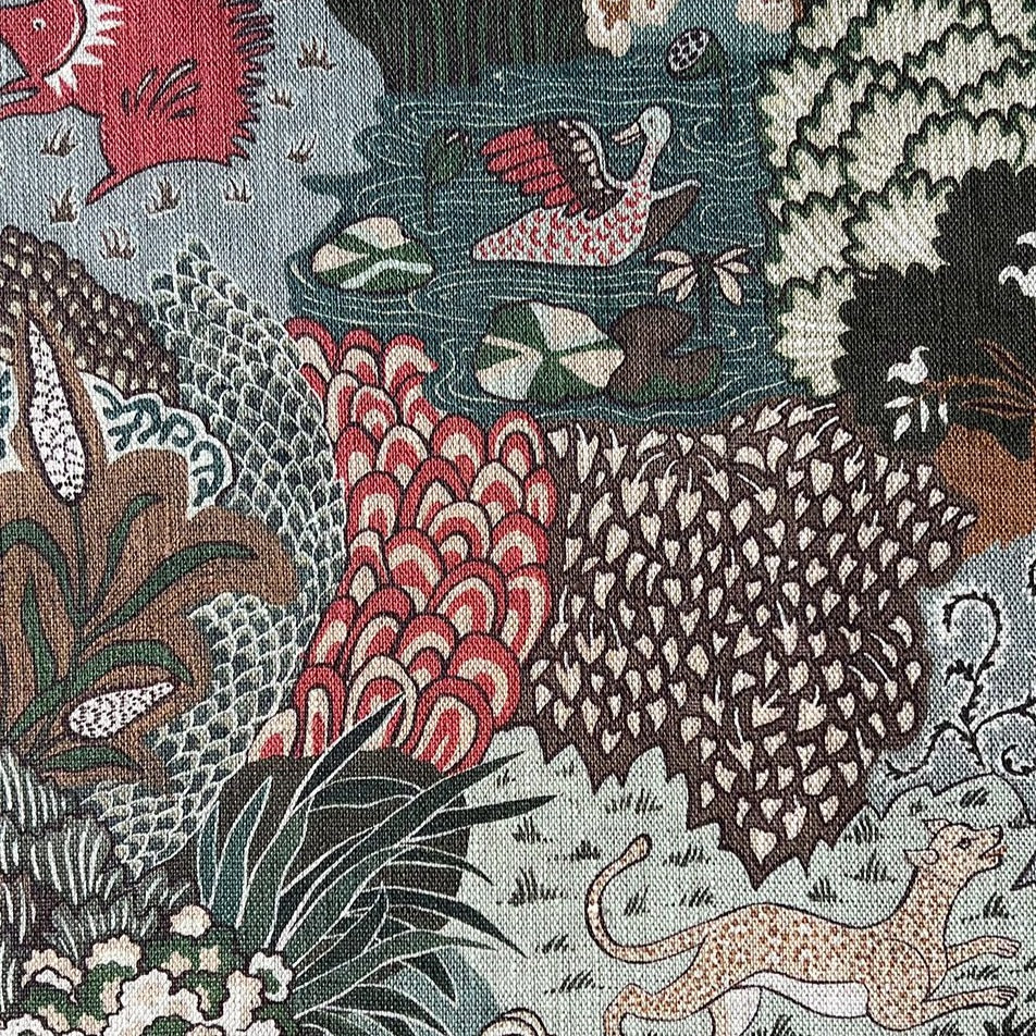 Josephine-Munsey-Whimsical-Clumps-201901-multi-Linen-union-woodland-print-forest-colours-animals-trees-birds-textiles-fabrics-upholstry-British-cotton-linen