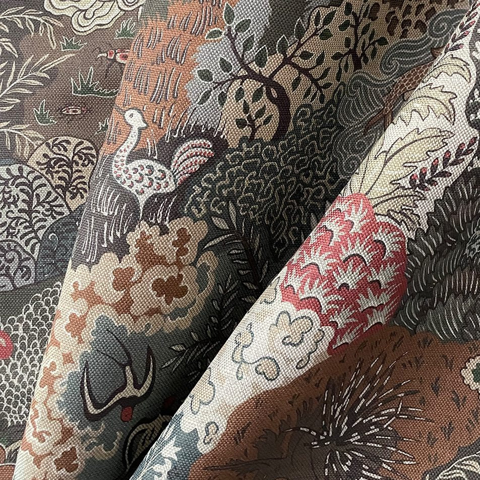 Josephine-Munsey-Whimsical-Clumps-201901-multi-Linen-union-woodland-print-forest-colours-animals-trees-birds-textiles-fabrics-upholstry-British-cotton-linen