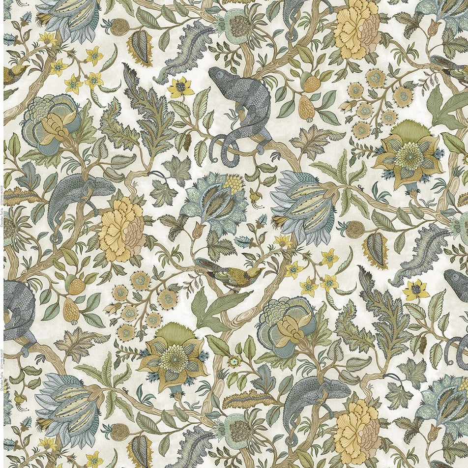 Josephine-Munsey-Chameleon-Trail-linen-fabric-textile-British-designer-floral-trail-botanical-print-chameleon-lemon-and-light-colour-stone-blues-yellow-green-leaves-cream-base-textile