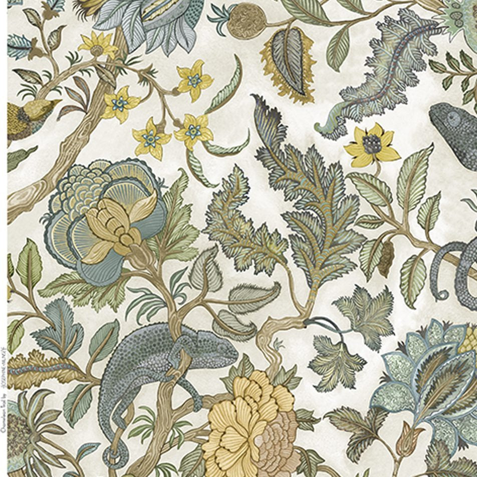 Josephine-Munsey-Chameleon-Trail-linen-fabric-textile-British-designer-floral-trail-botanical-print-chameleon-lemon-and-light-colour-stone-blues-yellow-green-leaves-cream-base-textile