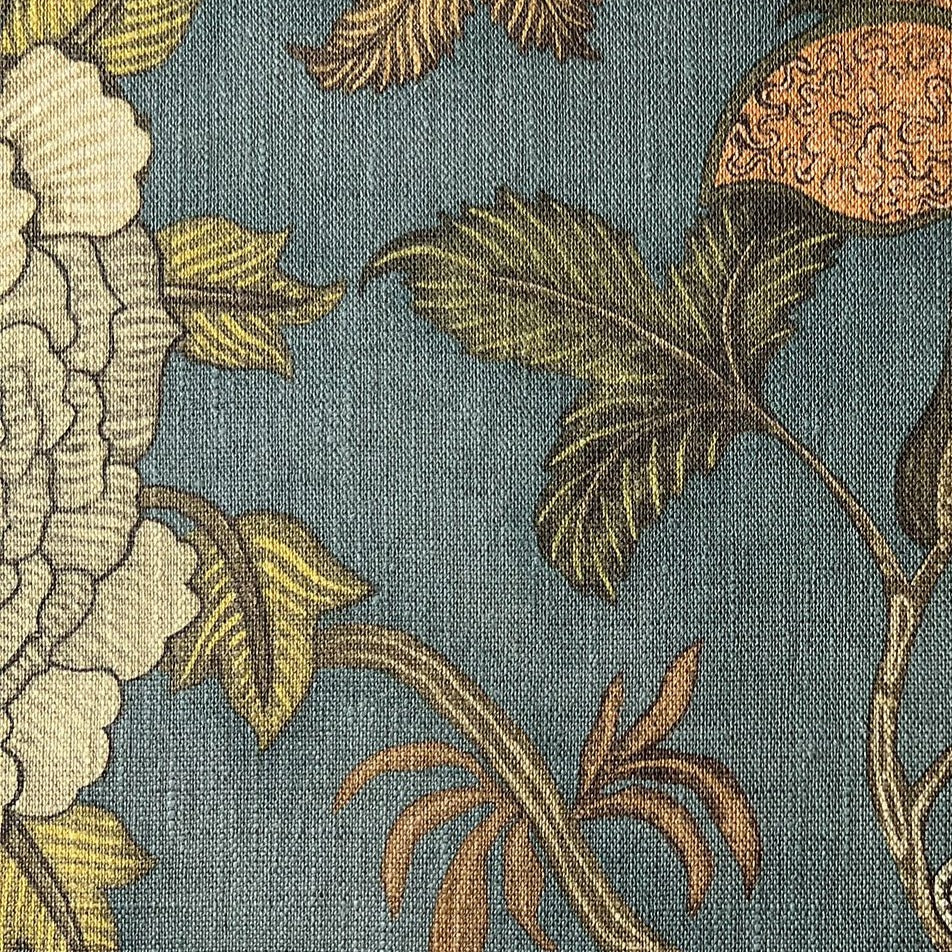 Josephine-Munsey-Chameleon-Trail-linen-fabric-textile-British-designer-floral-trail-botanical-print-chameleon-teal-orange-textile
