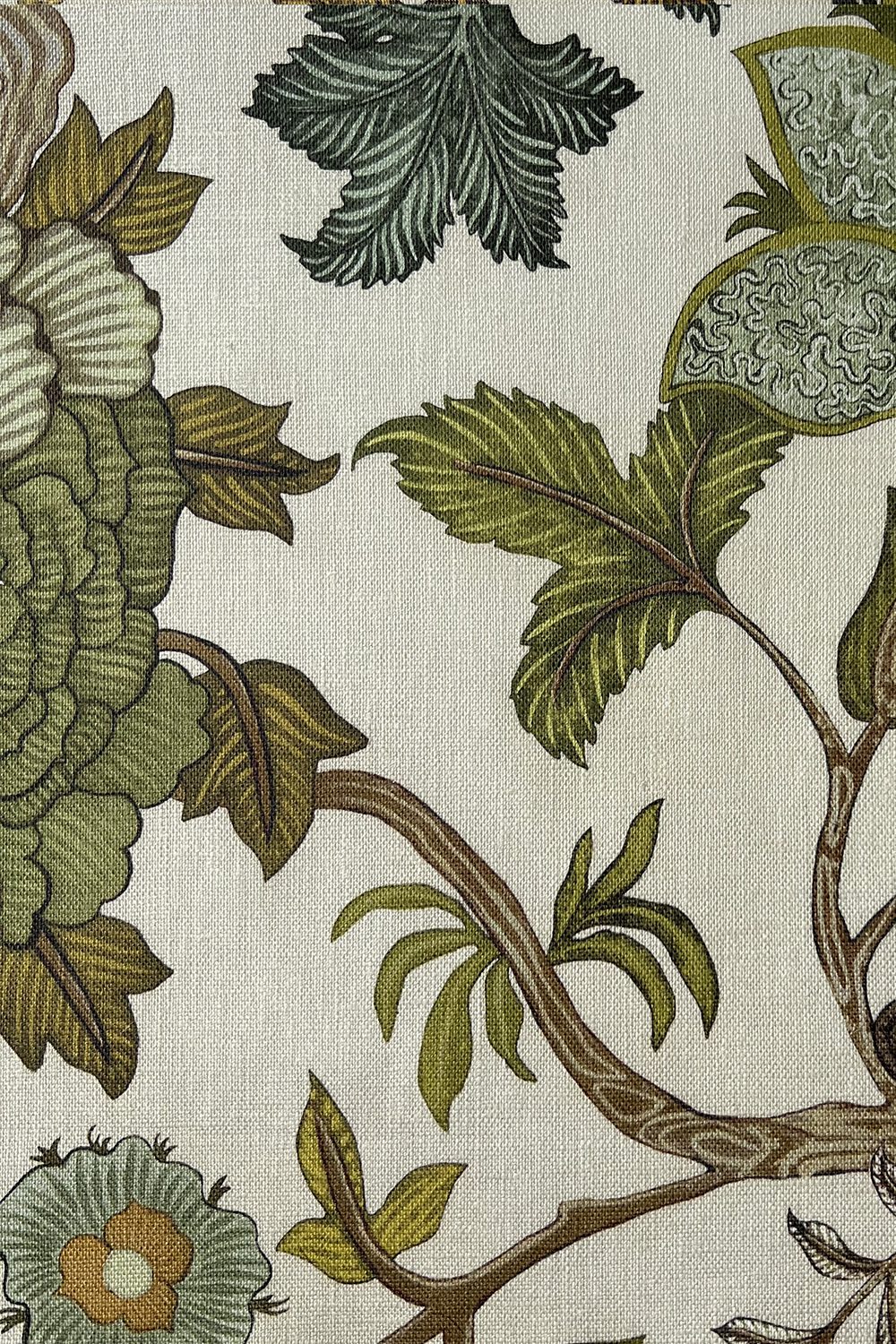 Josephine-Munsey-Chameleon-Trail-linen-fabric-textile-British-designer-floral-trail-botanical-print-chameleon-sage-and-green-blues-orange-cream-base -textile