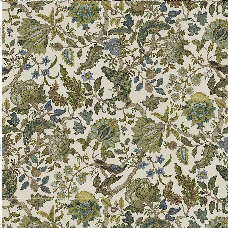 Josephine-Munsey-Chameleon-Trail-linen-fabric-textile-British-designer-floral-trail-botanical-print-chameleon-sage-and-green-blues-orange-cream-base -textile