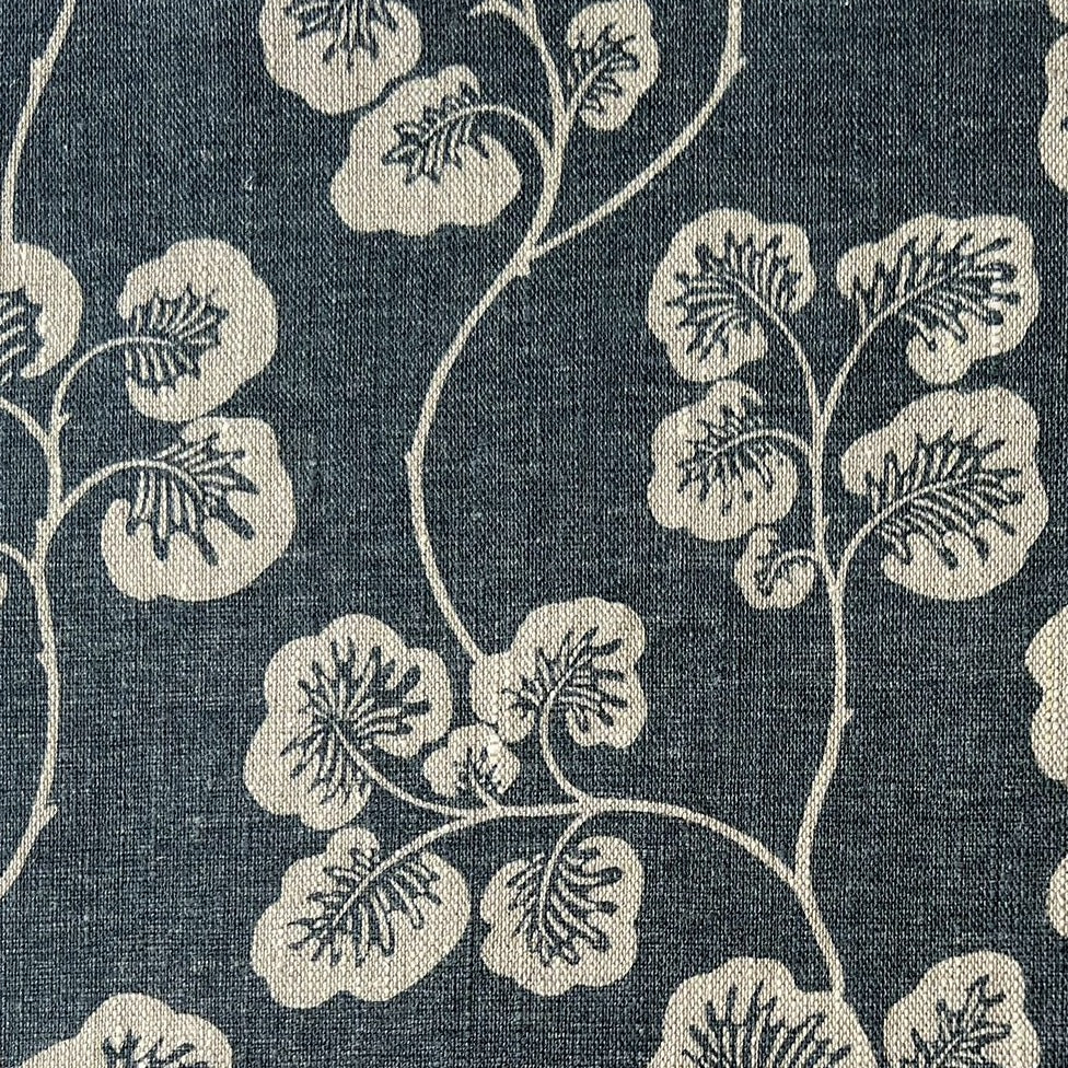 josephine-munsey-fabrics-textile-linen-printed-cabbage-check-trailing-leaf-pattern-darl-blue-denim-colour-neutral-background-cottage-farmhouse-pattern-printed-upholstry-madi-England