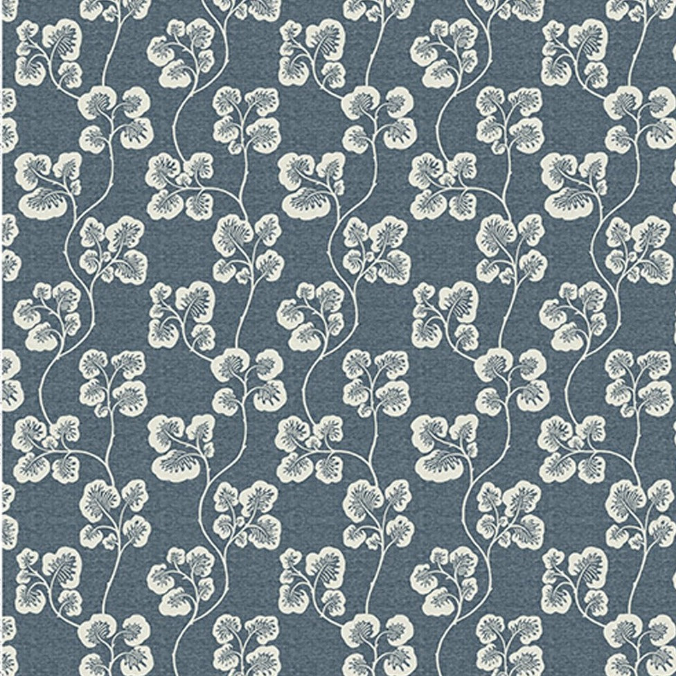 josephine-munsey-fabrics-textile-linen-printed-cabbage-check-trailing-leaf-pattern-darl-blue-denim-colour-neutral-background-cottage-farmhouse-pattern-printed-upholstry-madi-England