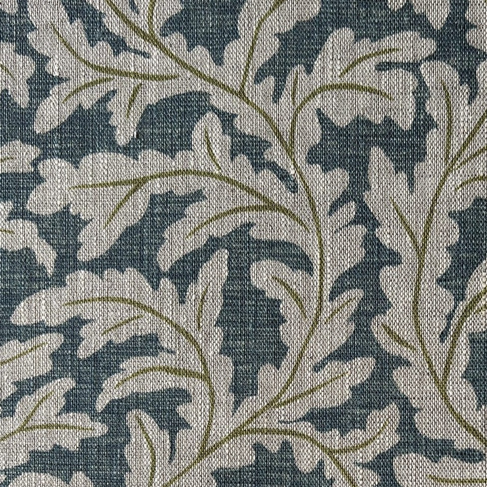 Josephine-munsey-frond-ogee-fabric-blue-and-olive-linen-textile-pattern-oak-leaf-trailing-nature-natural-print-cottage-traditional