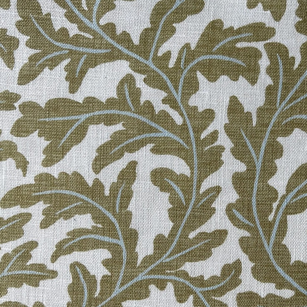 josephine-munsey-100%-linen-oak-print-leaf0pattern-fabric-Frond-Ogee-pattern-yellow-and- light-blue