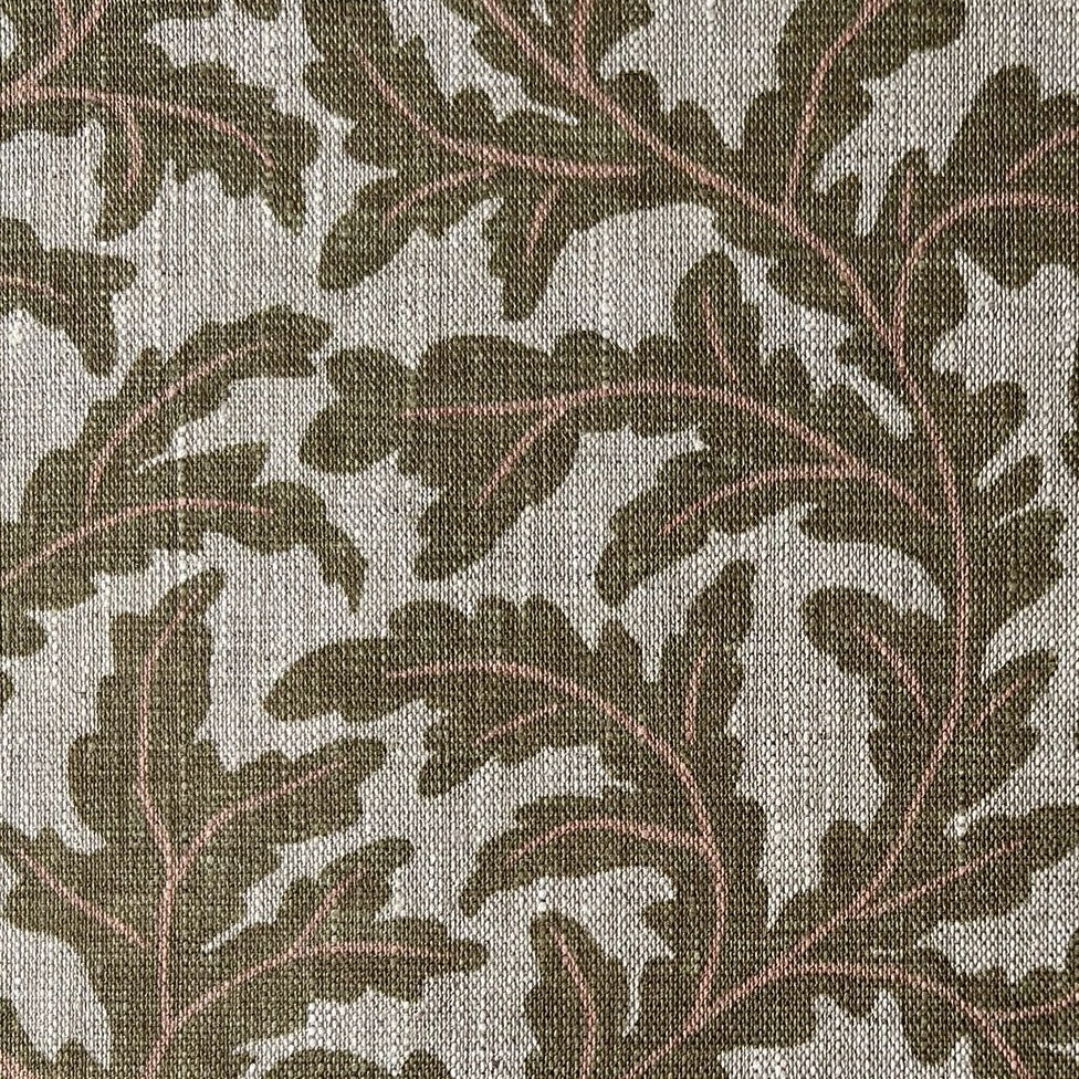 josephine-munsey-100%-linen-oak-print-leaf0pattern-fabric-Frond-Ogee-pattern-ochre-and-coral