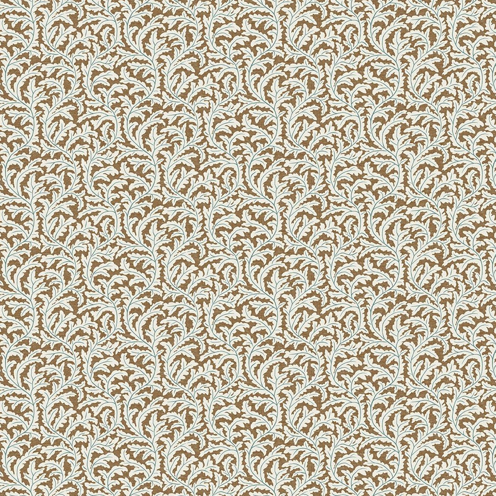 josephine-munsey-100%-linen-oak-print-leaf0pattern-fabric-Frond-Ogee-pattern-orange-and-blue