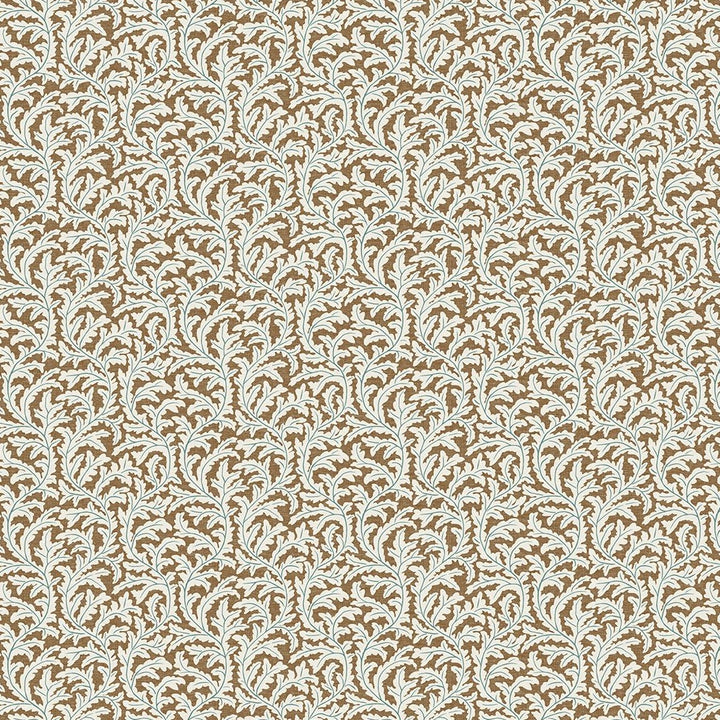 josephine-munsey-100%-linen-oak-print-leaf0pattern-fabric-Frond-Ogee-pattern-orange-and-blue