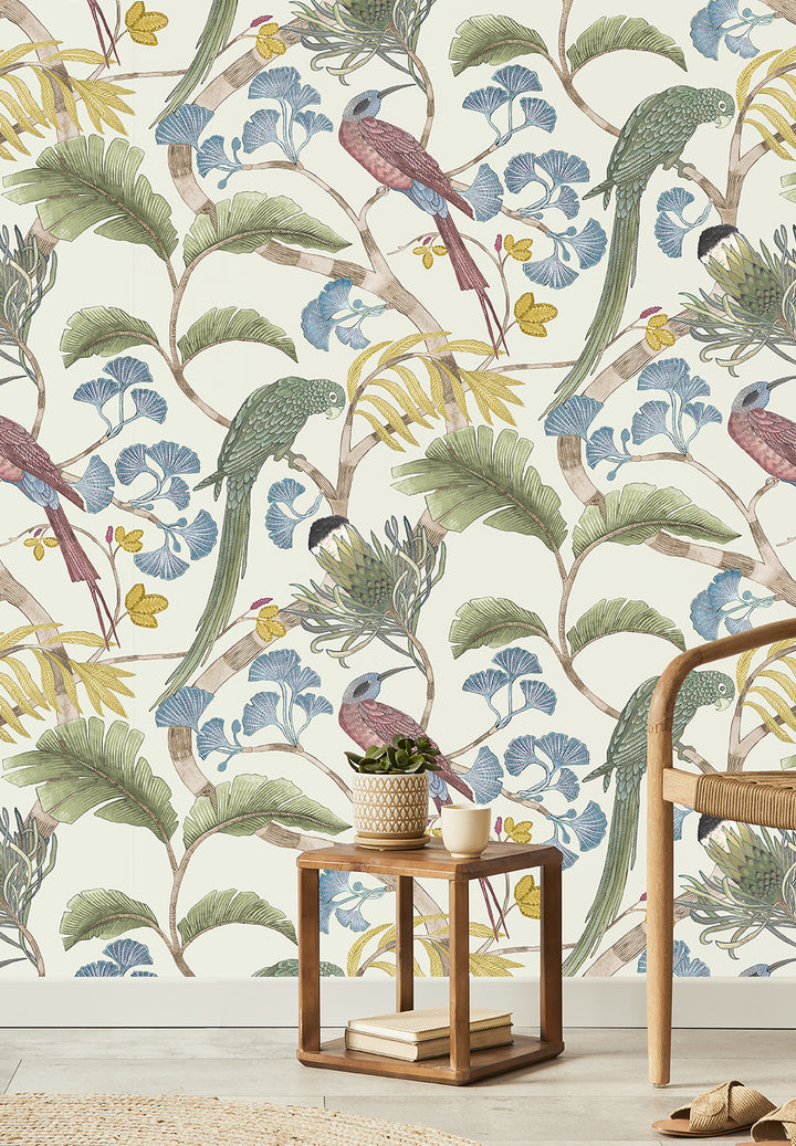 josephine-munsey-living-branches-bird-wallpaper-ivory-green-yellow-pink-blue-nature