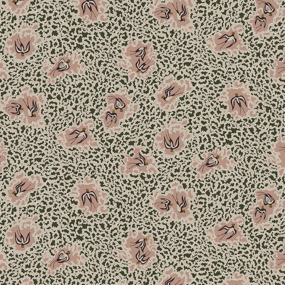 Bea's Swallows Wallpaper Chaingate Green & Ham Pink