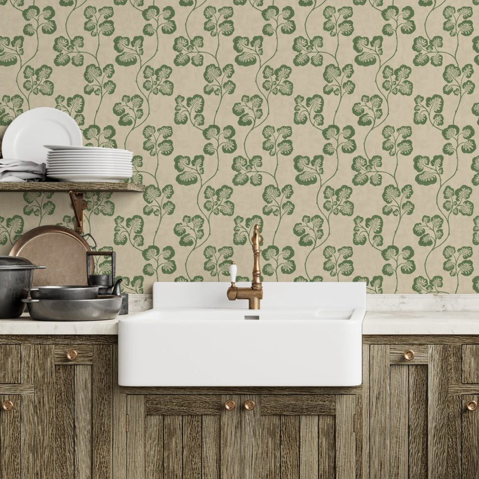 Josephine-Munsey-Cabbage-check-wallpeper-check-repeat-climbing-leaf-pattern-retro-cottage-pattern-Brookes-green-and-edge-sand