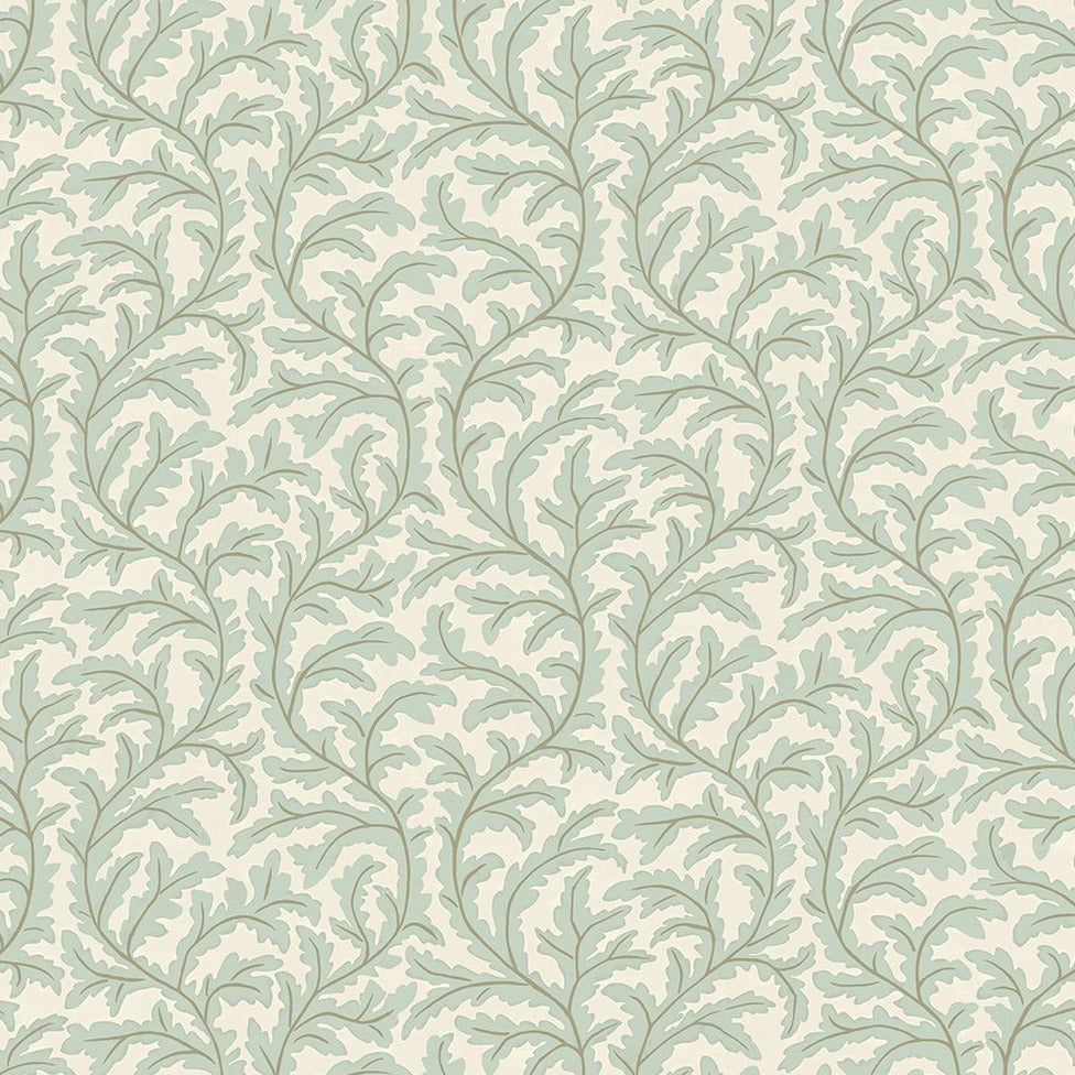 Josephine-munsey-wallpaper-Frond-ogee-oak-leaf-pattern-trailing-repeat-wallpaper-natural-print-hand-painted-cottage-country-pattern-Radmoore-Blue-Clarke-White