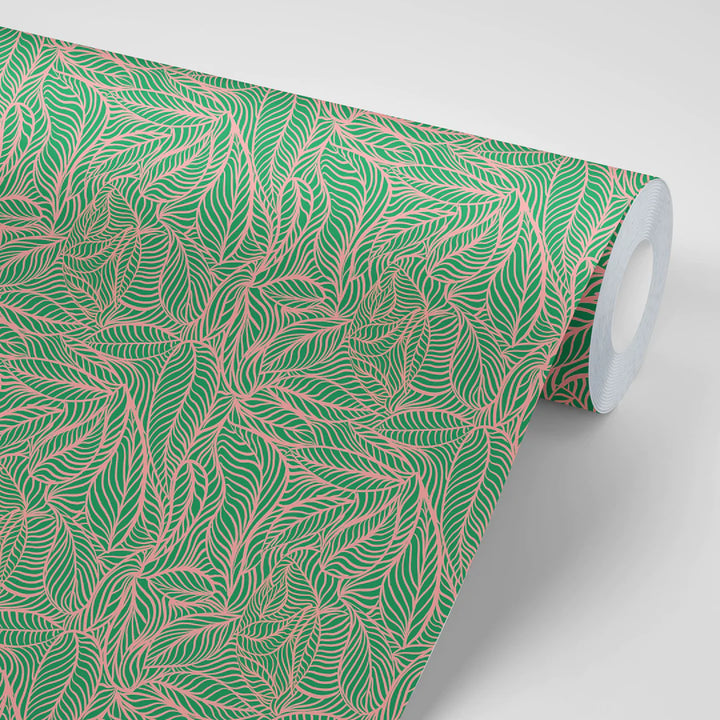 Tatie-Lou-Agnes-wallpaper-green-and-pink--leaf-repeat-large-pattern-pearl-finish-metallic-sheen-art-deco-large-scale-pattern-hand-drawn-art-deco-style