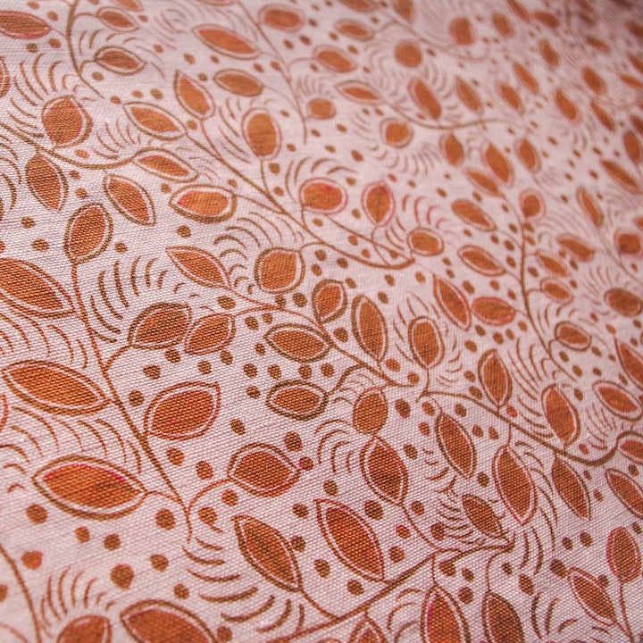 Lowri-textiles-little-leaves-rust-linen-trailing-leaves-leaf-floral-ditsy-print-pink-terracotta-vine-british-textile-upholstry-pattern