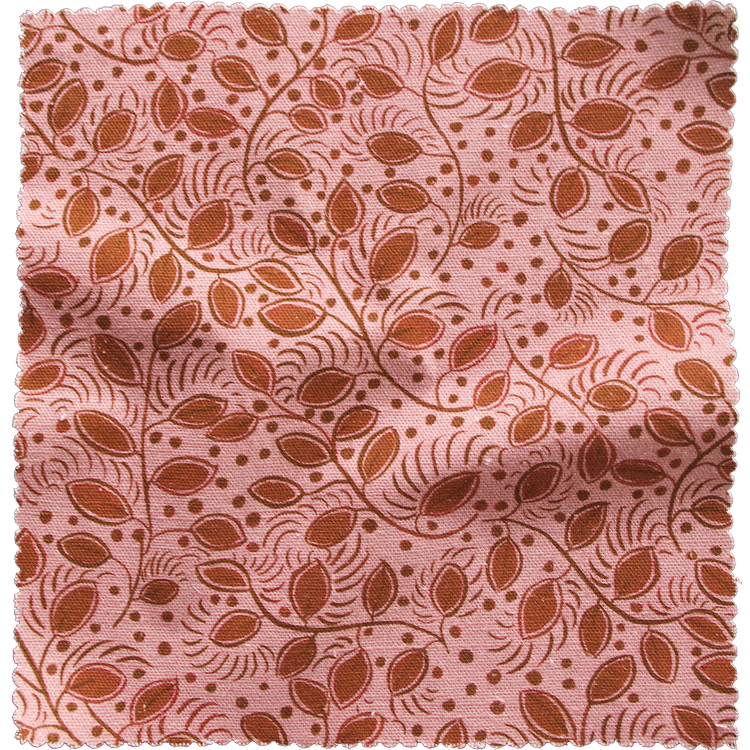 Lowri-textiles-little-leaves-rust-linen-trailing-leaves-leaf-floral-ditsy-print-pink-terracotta-vine-british-textile-upholstry-pattern